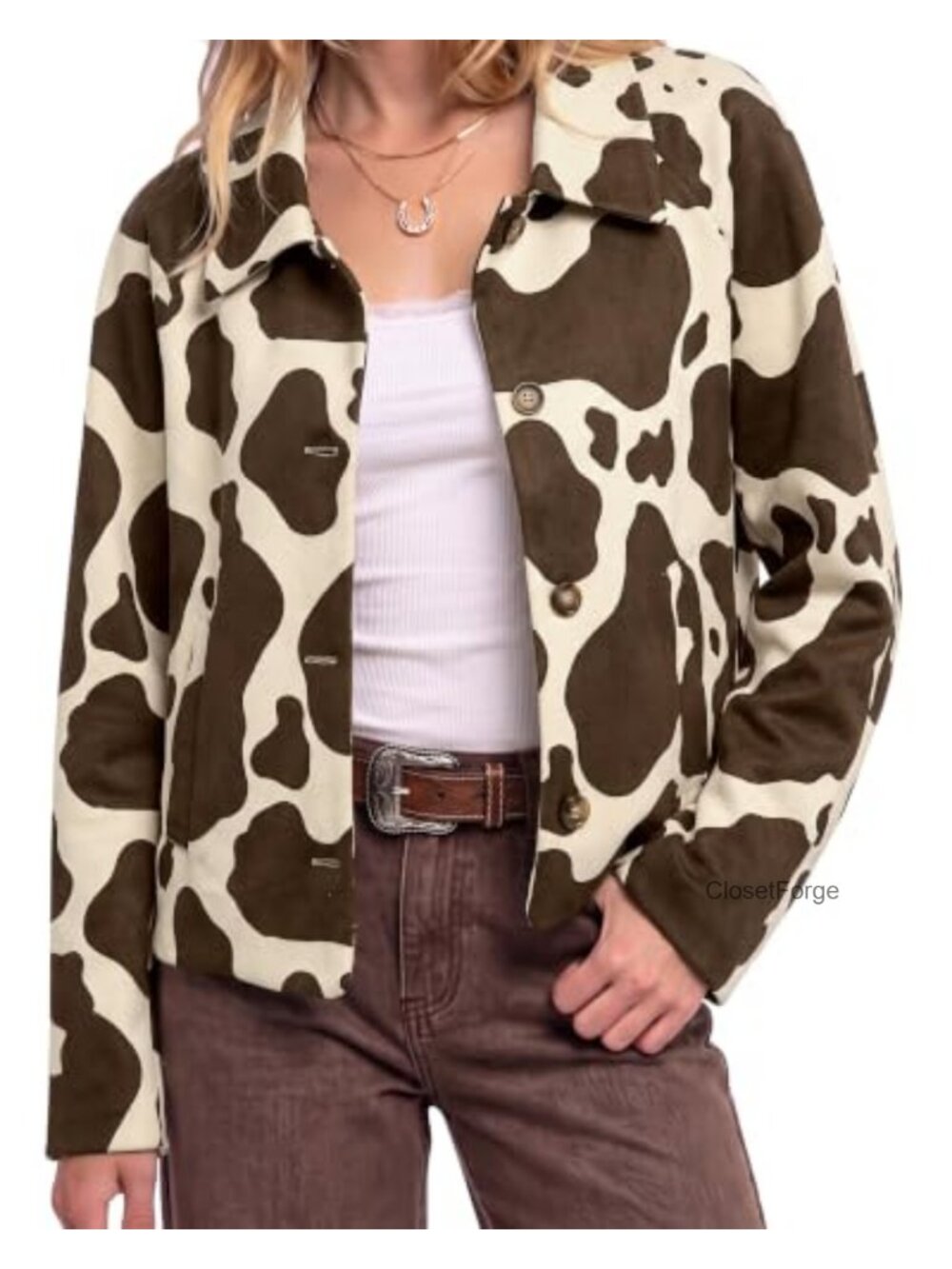Faux Suede Cow Print Cropped Jacket Shacket Button Down Oversized